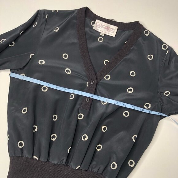 𝅺VINTAGE Castleberry Painted White Abstract Polka Dot Black Bomber Shirt Blouse - Picture 10 of 11